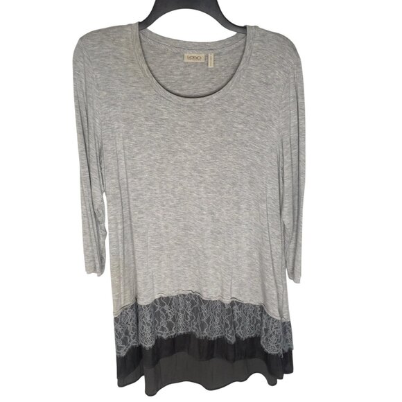 LOGO Lori Goldstein Shirt Womens Large Gray Tunic Lace Chiffon Hem 3/4 Sleeve - Picture 1 of 12